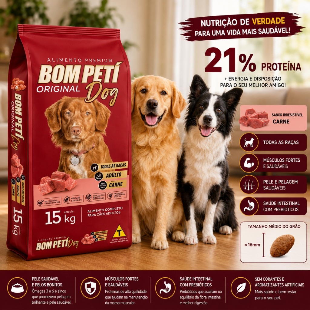 Ração Cachorro Adulto 15kg Bom Petí Dog Original Sabor Carne 21% Proteína