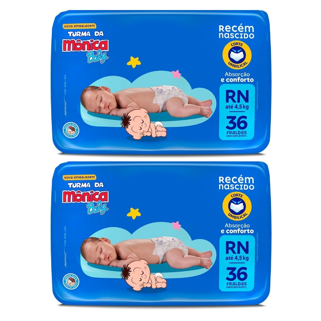 Kit 2ptes Fralda RN Turma da Mônica 36un cada - Total 72unidades AB.2