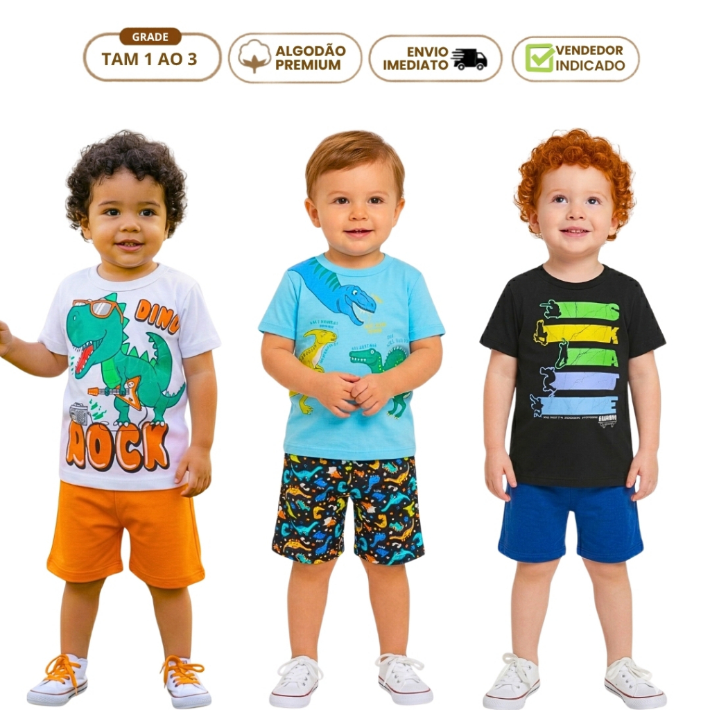Kit 6 Peça Roupa de Bebê Verão Conjunto Curto Menino Calor Estilo Blogueiro 3 Regata 3 Short Dino Safari Moletinho Leve