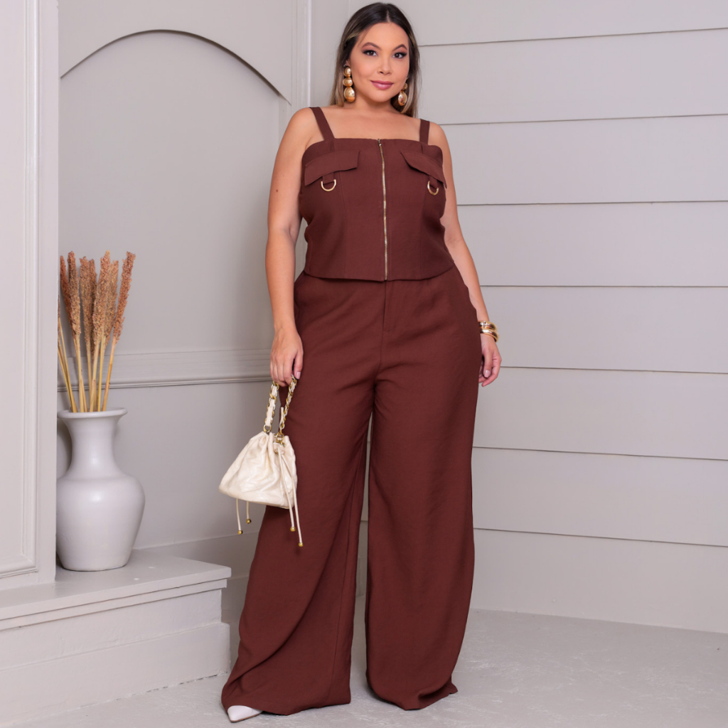 Conjunto Feminino Plus Size Pantalona Zíper Blusa Ajustável Moda Social Elegante Conforto