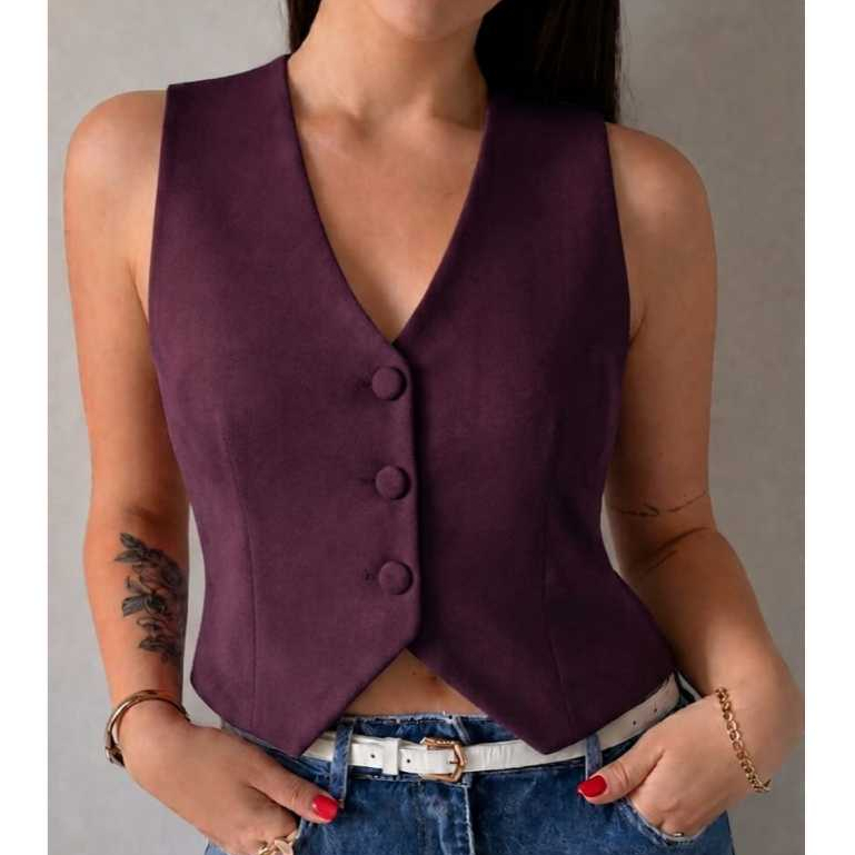 Colete Alfaiataria Feminino Curto Cinturado Elegante Botões Forrados