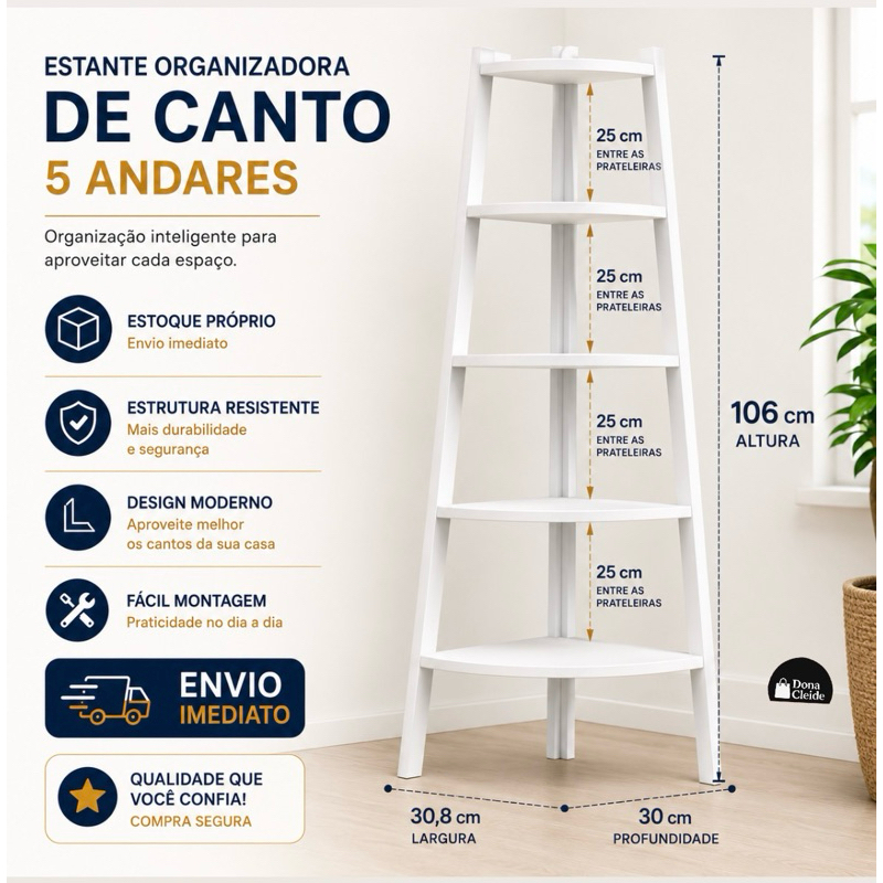 Estante Organizadora de Canto 5 Andares MDF Expansivo 106cm Quarto Sala Livros Escritorio