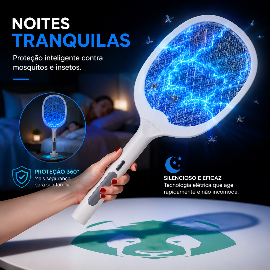 Raquete Elétrica Recarregável Mata Pernilongos Mosquitos E Atrai Com Iluminação UV Qualidade
