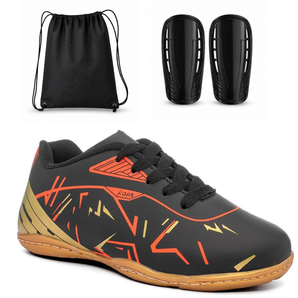 Kit Chuteira Masculino Infantil Quadra Salão Caneleira Mochila Antiderrapante Resistente Confortável