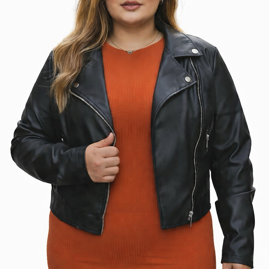 Jaqueta de Couro Plus Size Feminina G1 G2 G3 Elegante Tendencia Rock Chic 2026