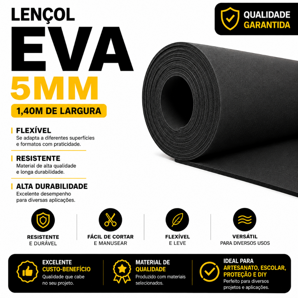 Lençol Manta EVA 5mm Preto 1,40m Flexível Resistente Para Proteção Bancada Artesanato Embalagem