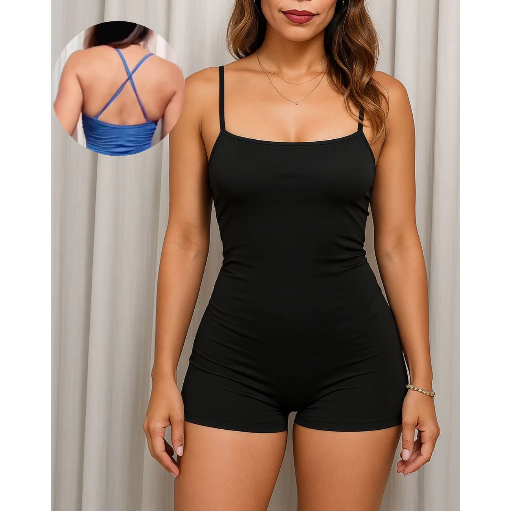 Macaquinho Fitness Academia Feminino Alcinhas Cruzadas Ioga Corrida