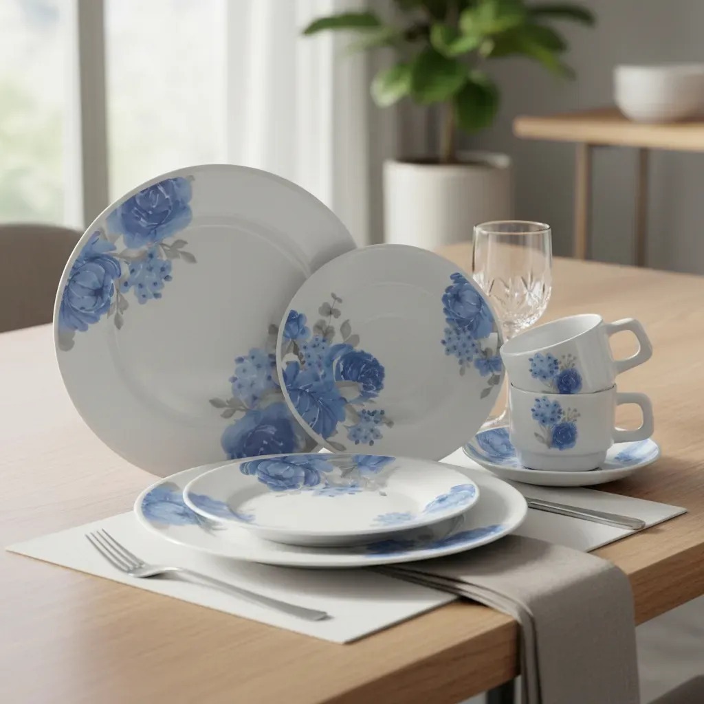 Aparelho De Jantar 20 Peças Opaline Azul Vermelho e Cinza Hauskraft