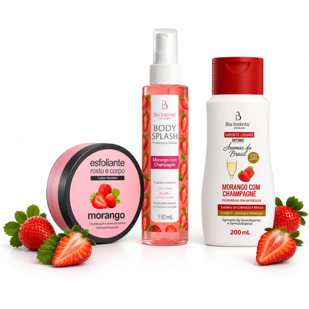 🍓 KIT COMPLETO MORANGO – Body Splash, esfoliante   ,Sabonete Íntimo,   Doçura, frescor e sensualidade.