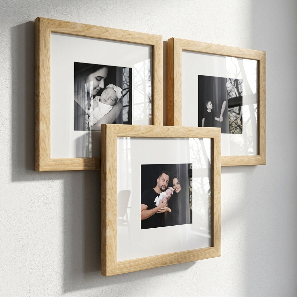 Kit 3 quadros decorativos moldura fotográfica 20x20cm moldura amadeirado com paspatur porta retrato