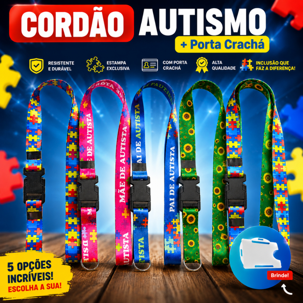 KIT CORDÃO AUTISMO AUTISTA GIRASSOL IDENTIFICAÇÃO ENGATE RAPIDO COM PORTA CRACHÁ