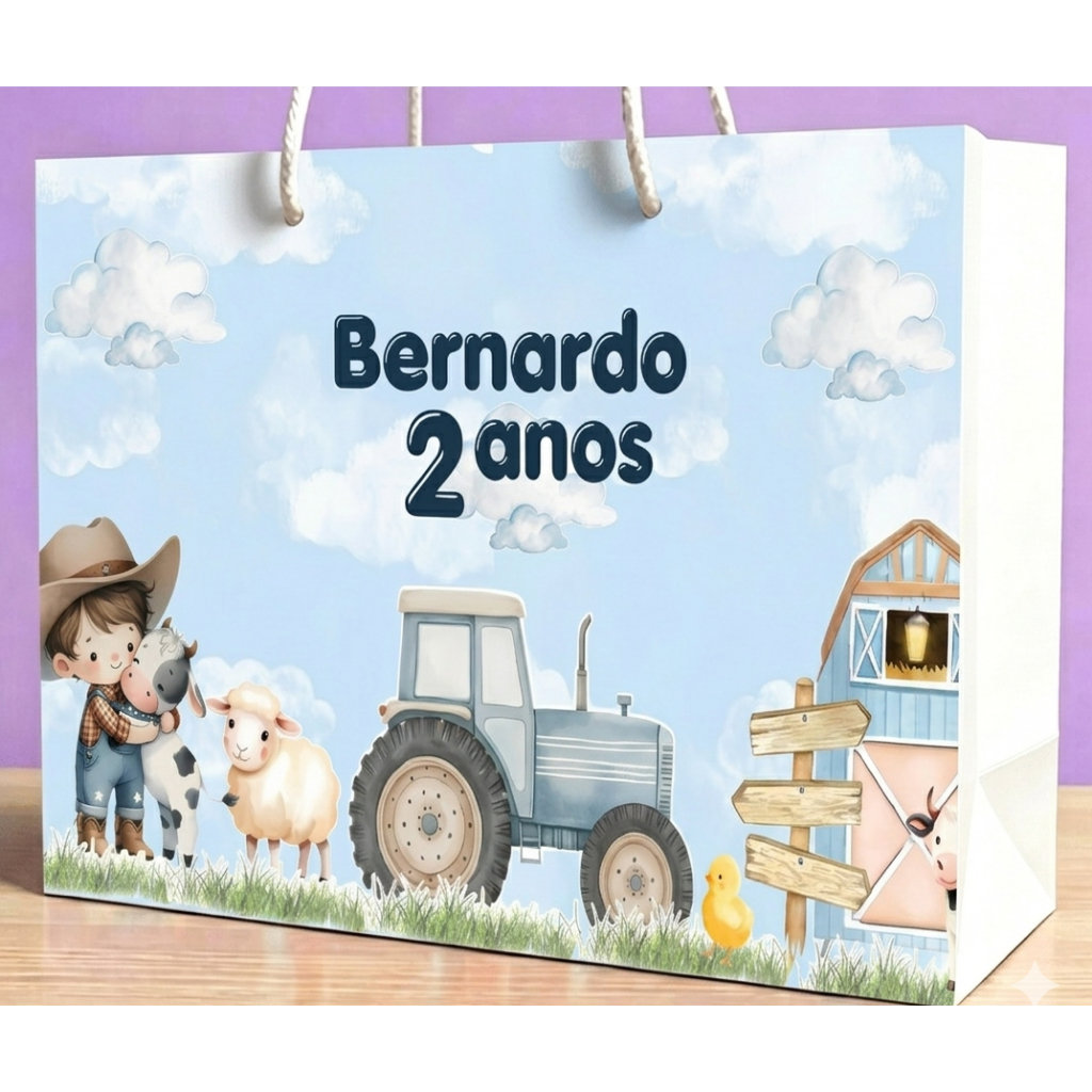 10 Sacolinha Personalizada Pegue e Monte Fazendinha Menino M (19x15x7) - Lembrancinha Festa Infantil Aniversário