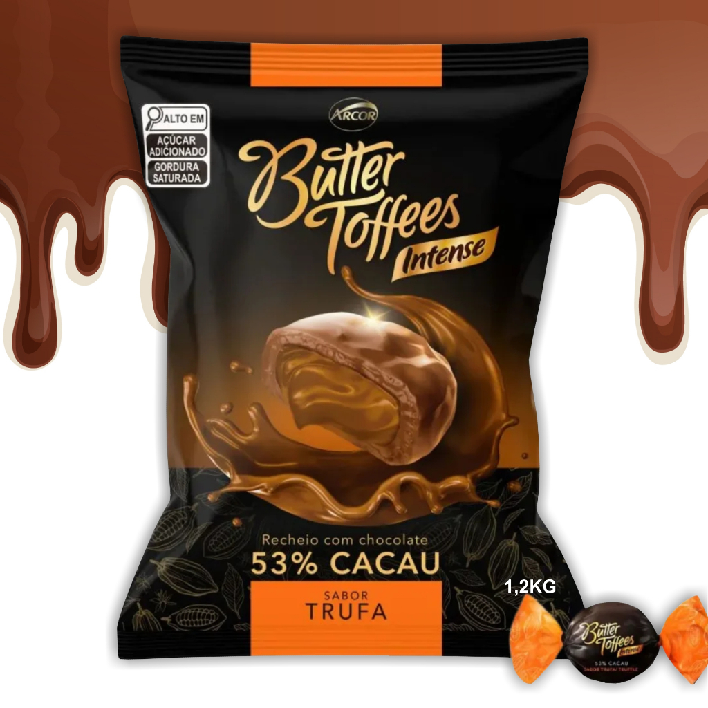 Kit 1,2kg Bala Butter Toffees Intense 53% Cacau Sabor Trufa Doce Chocolate Mastigável