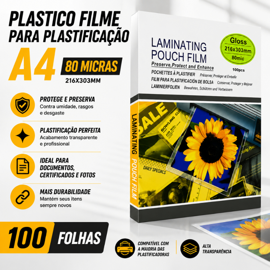 Plástico para Plastificação 100 folhas 216x303 80 Micras Pouch Film A4