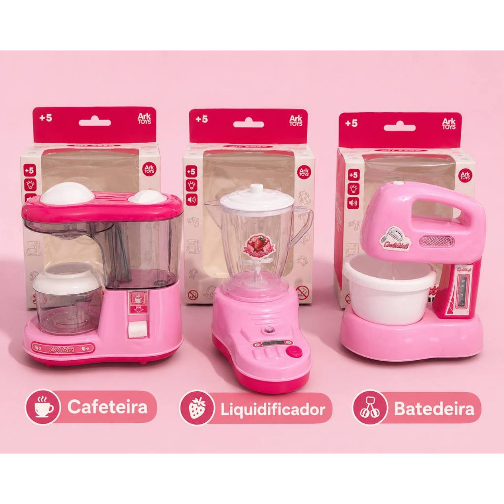 Kit Cozinha Infantil Completa Rosa Com Cafeteira Liquidificador E Batedeira Brinquedo