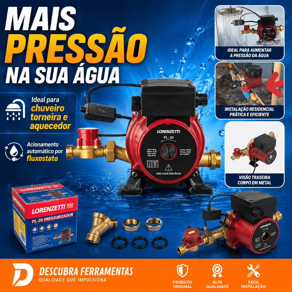 Pressurizador de Água Lorenzetti Bomba PL20 20mca 350W P/ Chuveiro Torneira e Aquecedor
