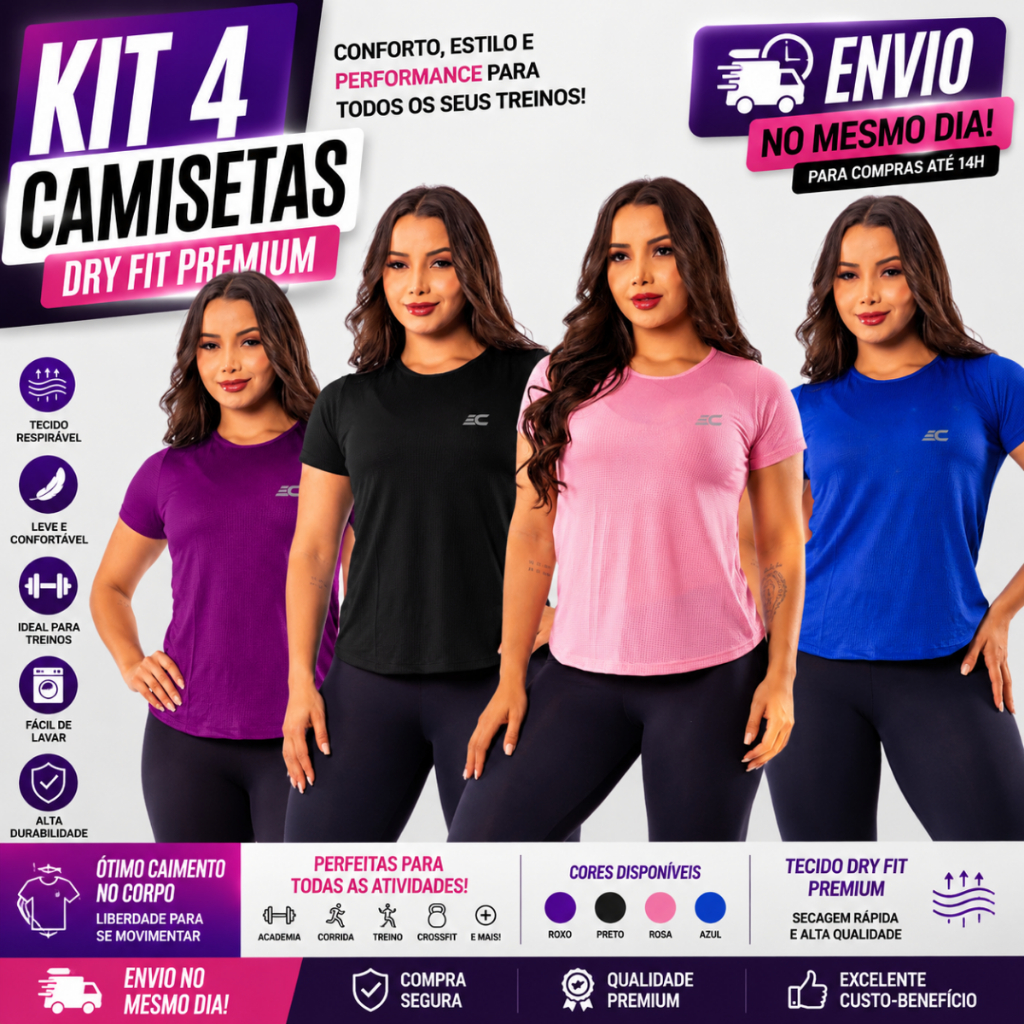 KIT 4 Camisa Academia Dry Fit Blusa feminina Furadinha Fitness Confortável Musculação Corrida