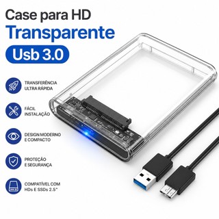 Case para HD transparente, Usb 3.0, transmissão 6gbps, Sata 2.5", Hhd ou Ssd, Ecase-300