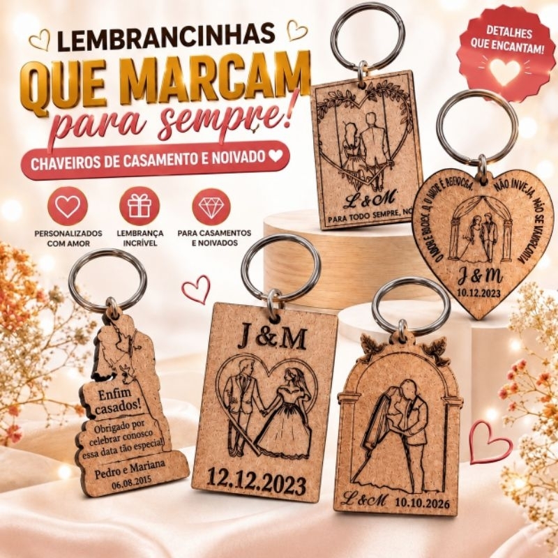 KIT Lembrancinha Casamento Noivado Personalizado Chaveiro Nome e Data Personalizado Lembrancinha Personalizada