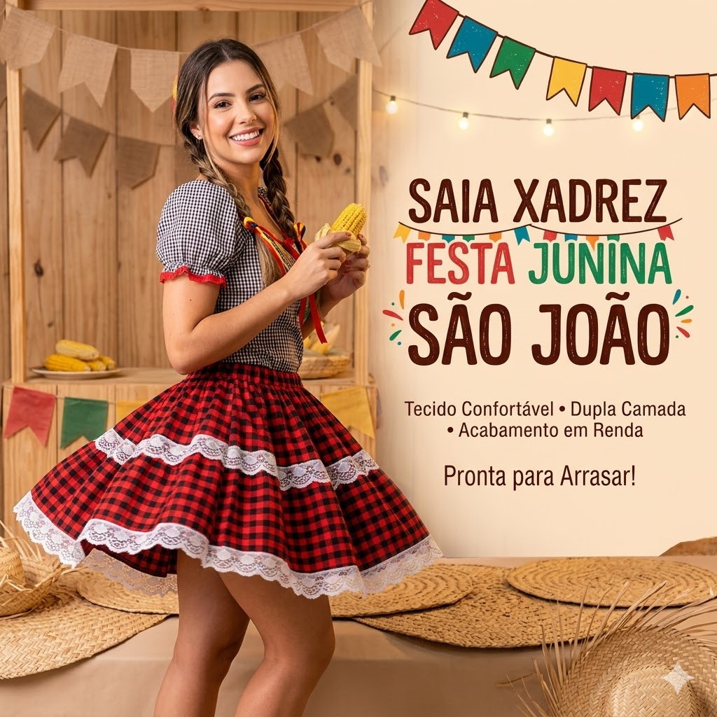 Saia xadrez festa junina Mis caipira com ou sem meia