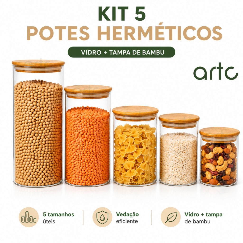 Kit 5 Potes De Vidro para Mantimentos com Tampa Bambu 800ml 600ml 400ml 300ml 250ml