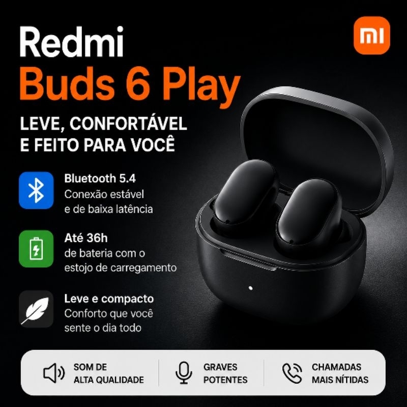 Fone de Ouvido Bluetooth Xiaomi Redmi Buds 6 Play Preto - Conexão Bluetooth 5.4,