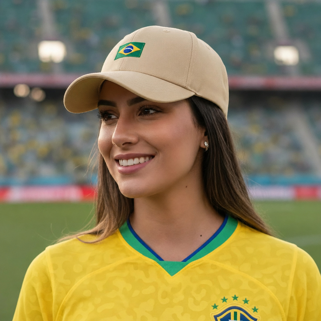 Boné Feminino do Brasil Bege Aba Curvada Bandeira Estampado Boné Copa do Mundo Seleção Brasileira