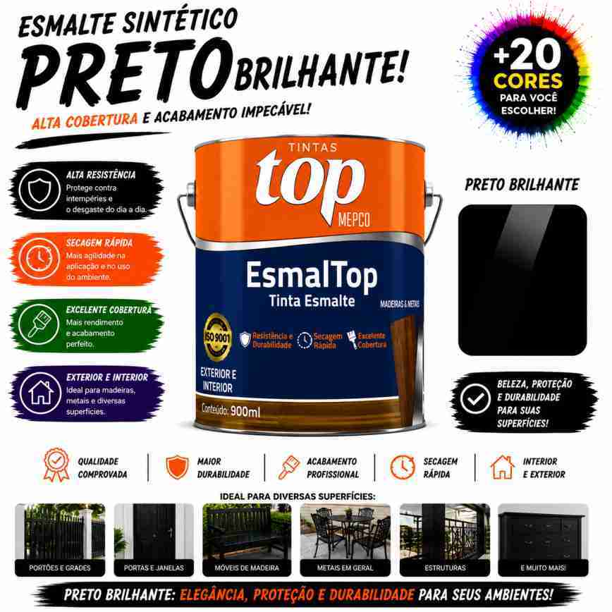 Esmalte Sintético | Preto Brilhante | 900ml | Mepco – Fácil aplicação em Móveis Madeira e Metal