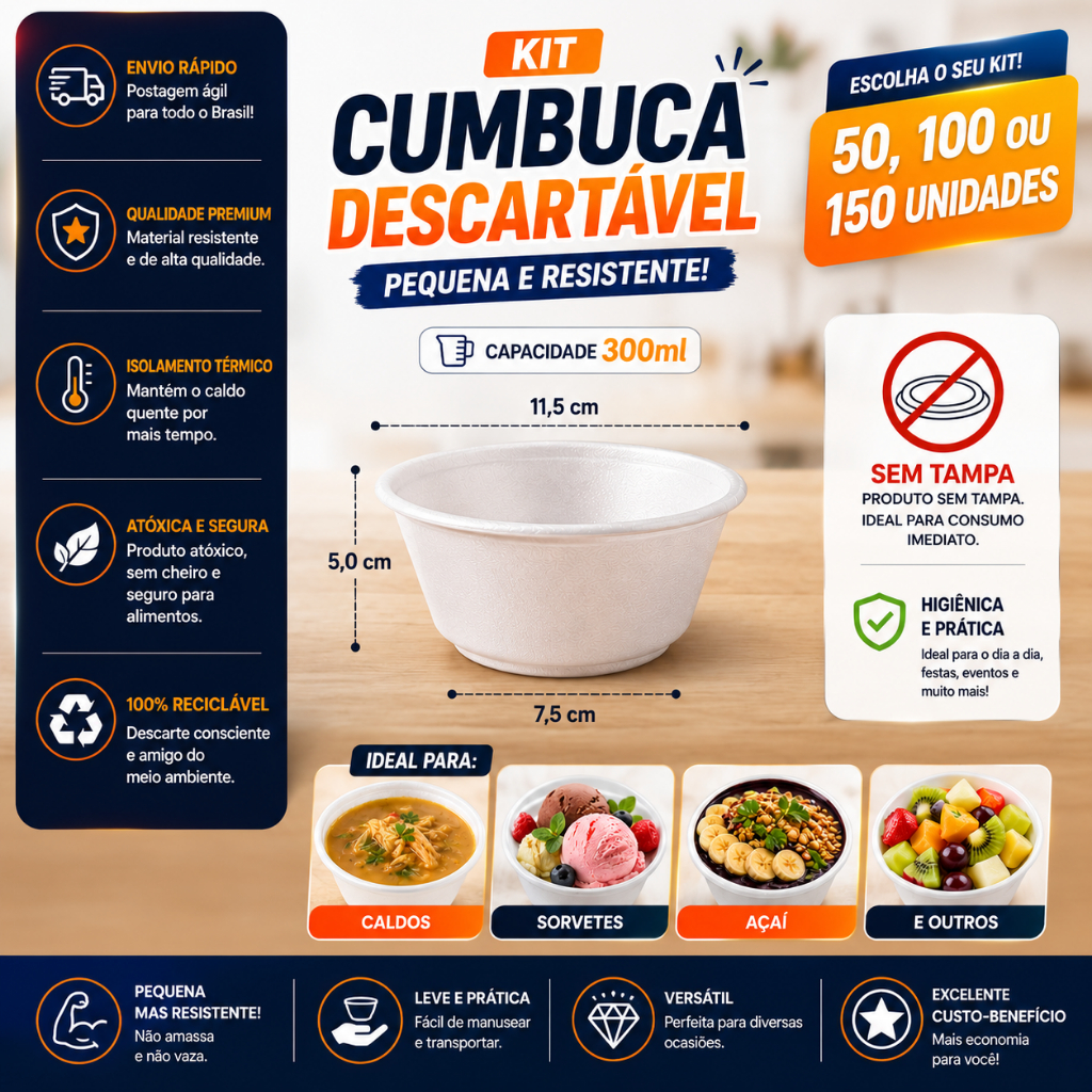 Cumbuca Pote Térmico Isopor sem tampa 300ml Premium Para Caldos Açaí Sorvete Kit 50 100 150 Unidades