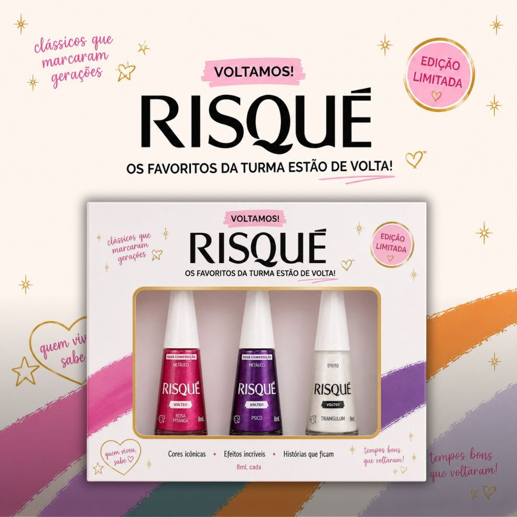 Box Kit 3 Esmaltes Risqué Voltei Lançamento Tons Metálicos Esmalte Atacado Triangulum Psico