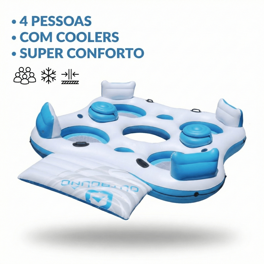 Boia Inflável Ilha Flutuante 4 Pessoas 320kg Deck Porta Lata Branco E Azul