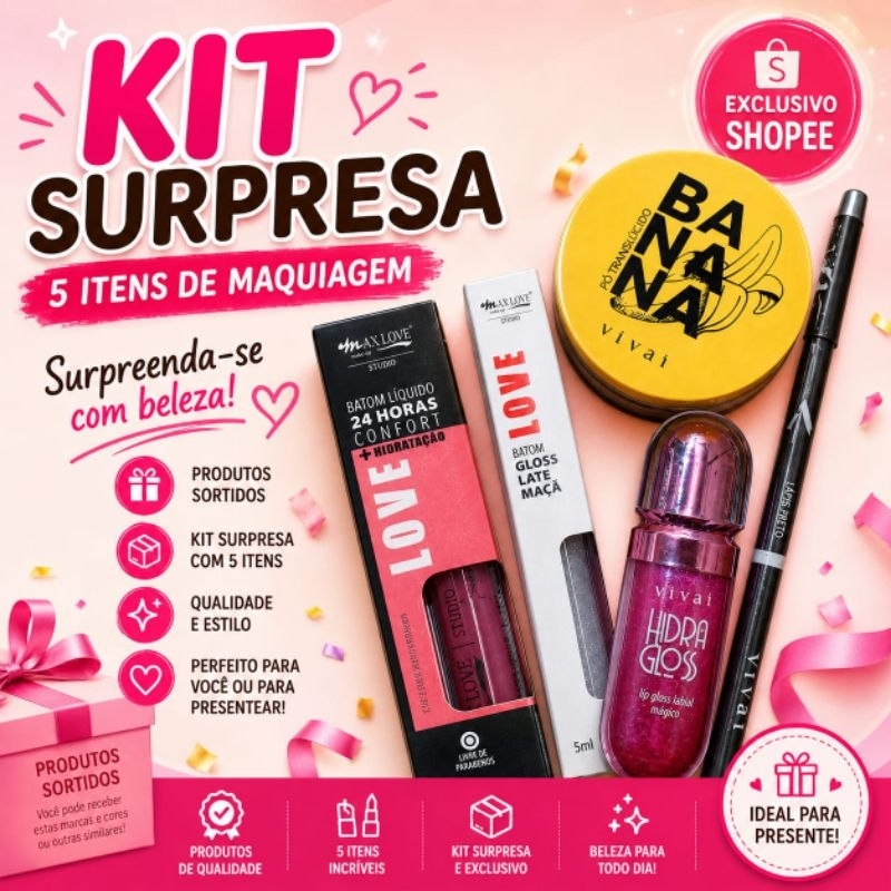 Kit Surpresa Maquiagem 5 Itens como Gloss Batom Pó Facial. maquiagem barata kit completo.
