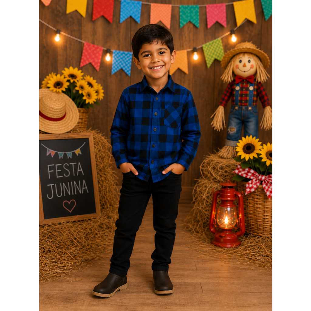 Camisa Xadrez Infantil Festa Junina Flanela Vermelha Verde Azul Rosa 2 a 16 Anos Arraiá