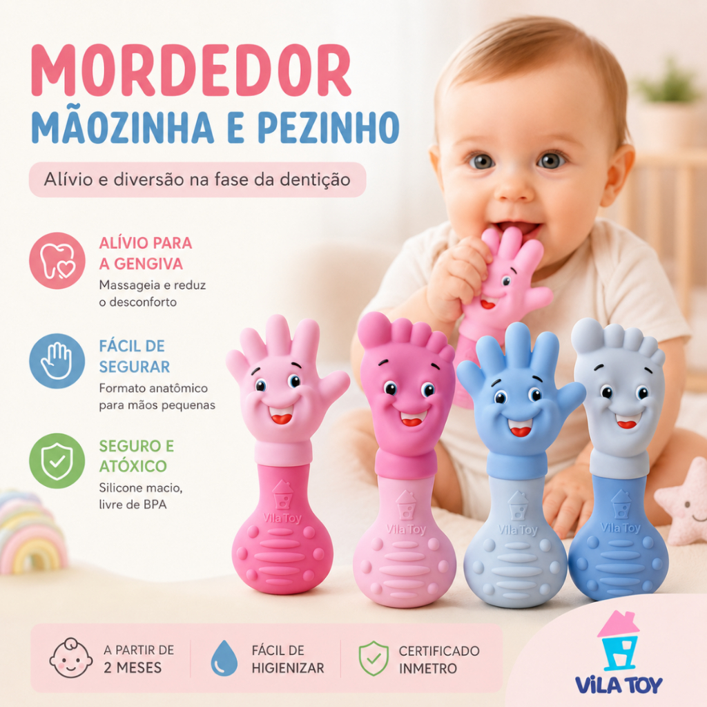 Mordedores Silicone Bebê Mãozinha Pezinho Vila Toy Alívio Dentição Macio Seguro