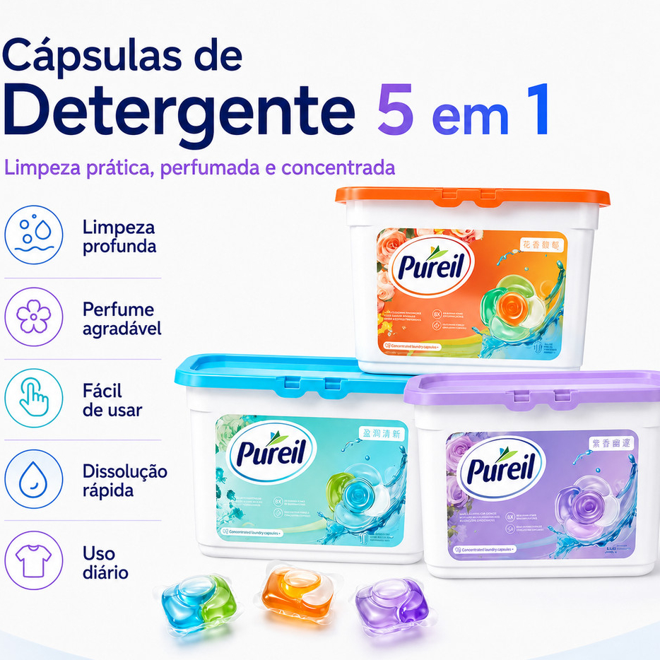 Cápsulas de Detergente Sabão 5 EM 1 Para Roupa Perfumado Pureil  Máquina de Lavar Lava Seca