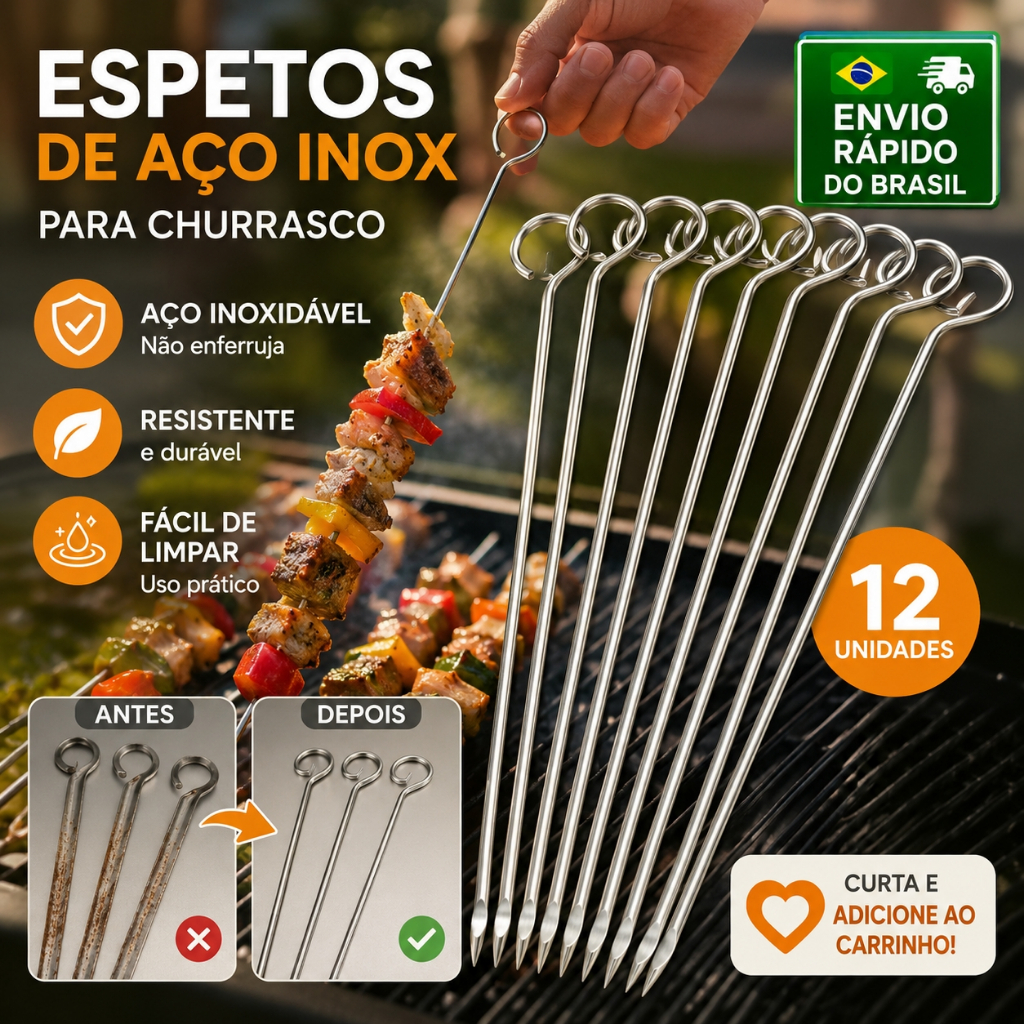 Kit 12 Espetos para Churrasco Aço Inox Reutilizável Fácil Limpeza Envio Rápido do Brasil