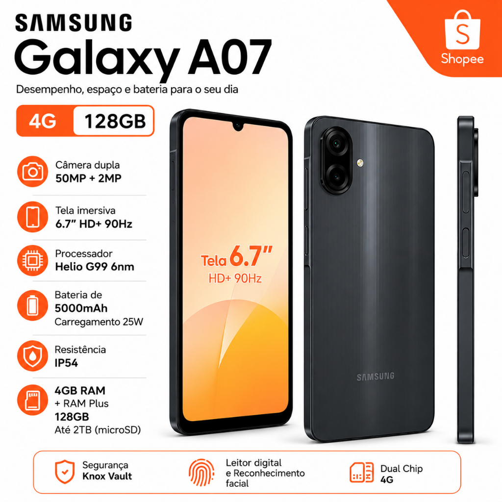 Celular Samsung Galaxy A07 - 128GB, 4GB, Câm. 50MP, Tela 6.7