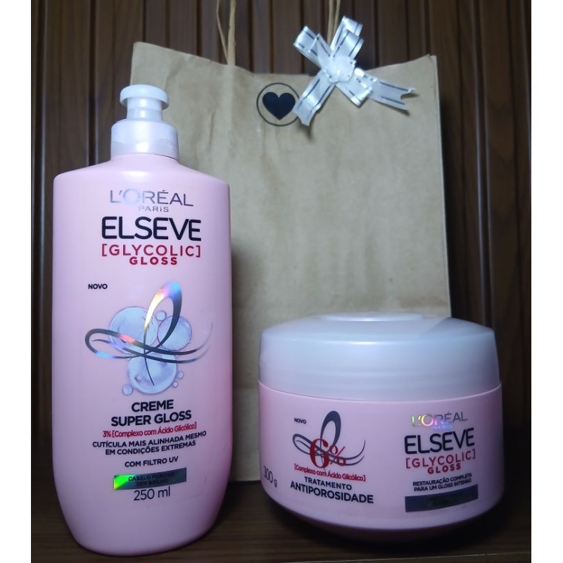kit Combo 01 Máscara Capilar Antiporosidade 300g 01 Creme Pentear Super Gloss 250ml Glycolic Gloss Elseve L'Oréal.