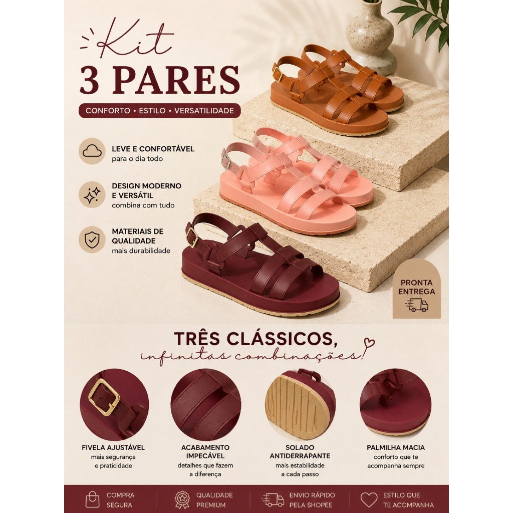 Kit 3 Pares Sandália Papete Feminina Plataforma Sandália Leve Moderna Super Confortável e Estilosa com um Super Desconto