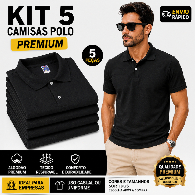 KIT 5 Camisas Polo Masculina Preta Lisa Premium Algodão Elastano Casual Uniforme Empresa Academia Trabalho