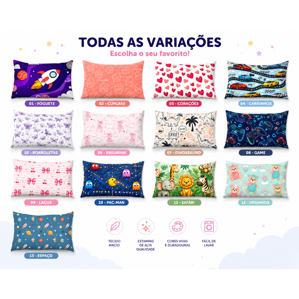 Fronha Infantil Com Zíper Avulsa Estampas Exclusivas Micropercal Promoção — imagem 2 de 2