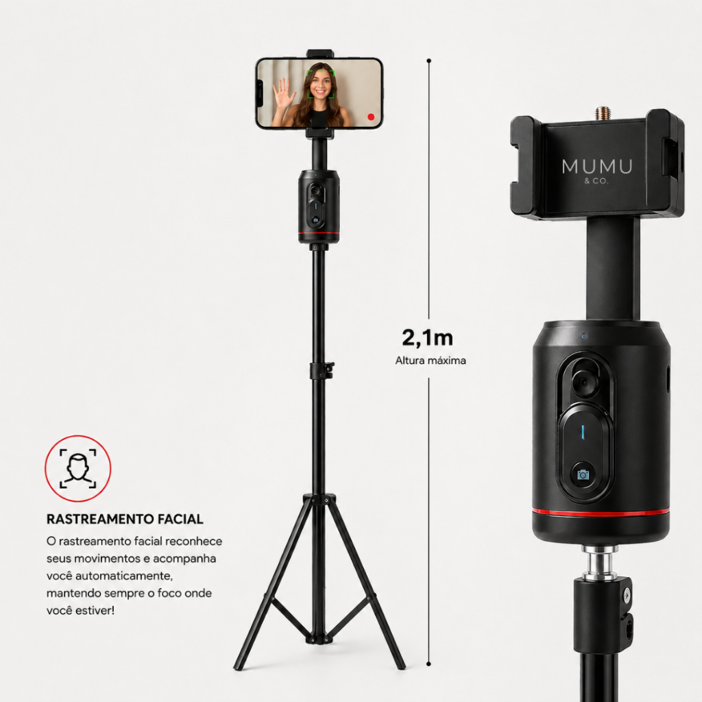Tripé Suporte para Celular Inteligente 2,1m Rotação 360° com Rastreamento Facial iPhone Android