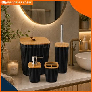 Conjunto 4 Peças de Banheiro Moderno com Tampa de Bambu – Organizador Decorativo Elegante…