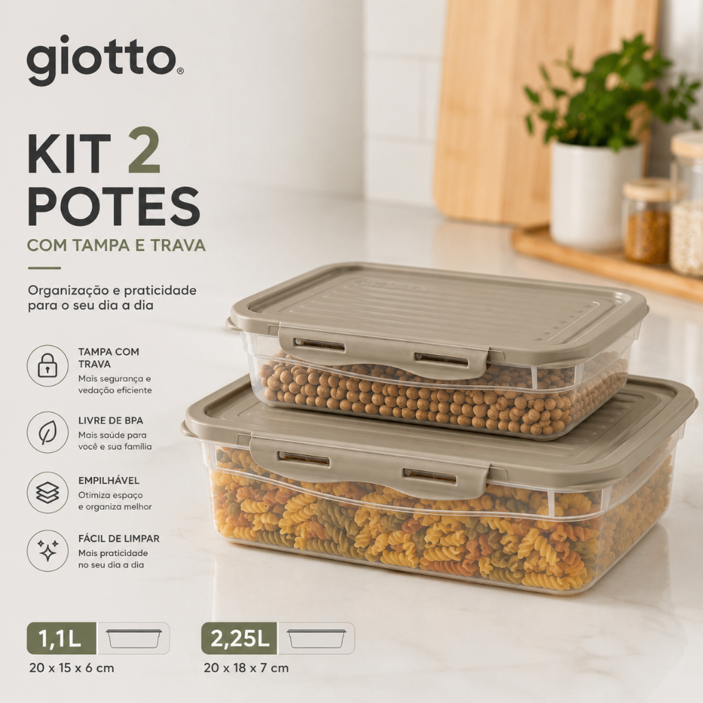Kit 2 Potes Marmitas Fitness Com Tampa e Trava 1,1L e 2,25L Camurça Freezer Microondas Giotto