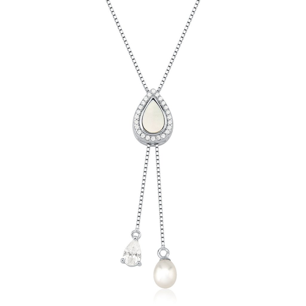 Colar Feminino de Prata 925 Gravatinha Gota Madrepérola com Zircônias