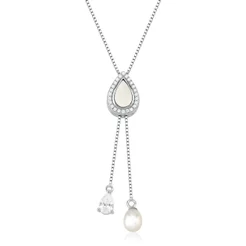 Colar Feminino de Prata 925 Gravatinha Gota Madrepérola com Zircônias