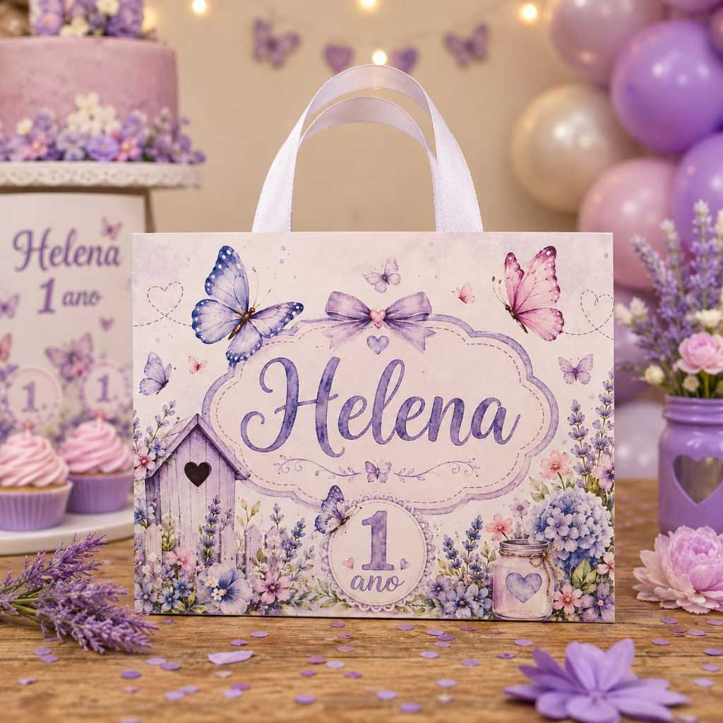 Sacolinha Personalizada Jardim das Borboletas Lilás | Pegue e Monte | Lembrancinha Luxo Infantil com Nome e Idade
