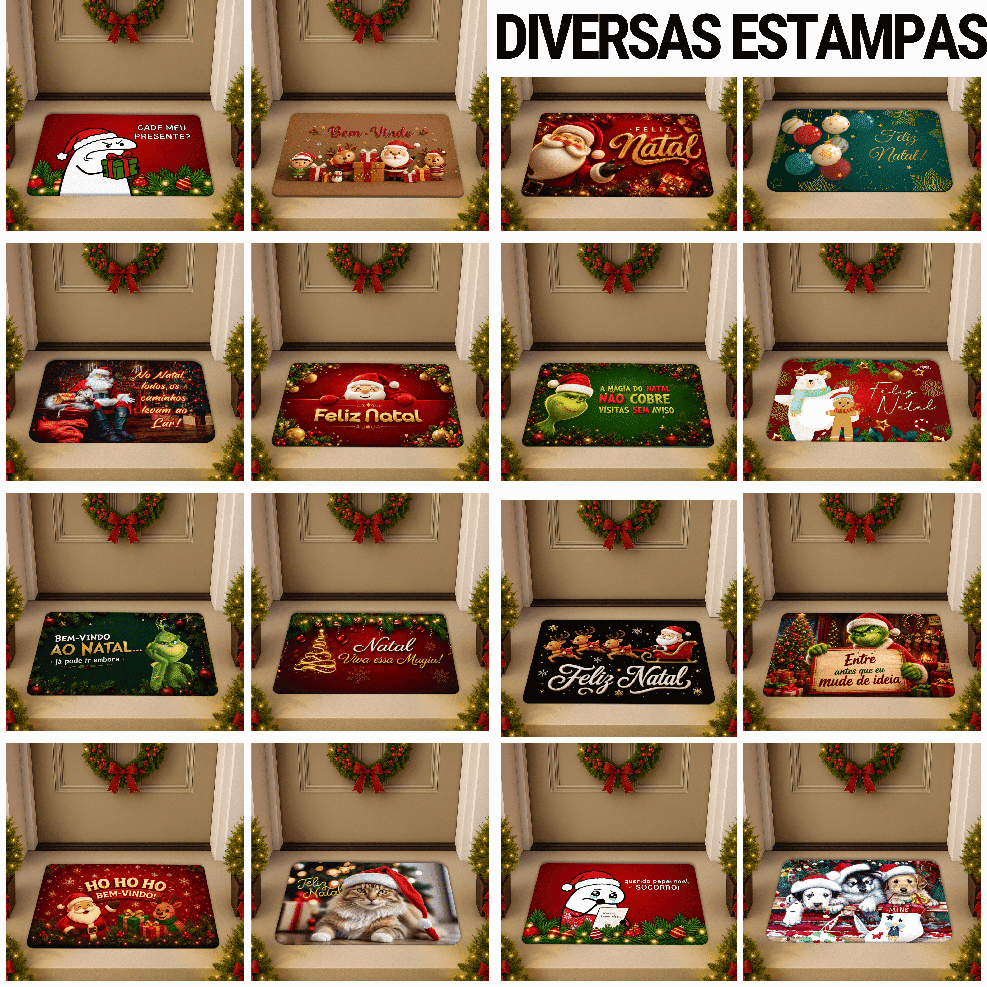 Tapete de Natal Entrada de Porta de Casa Antiderrapante Decorativo Diversas Estampas