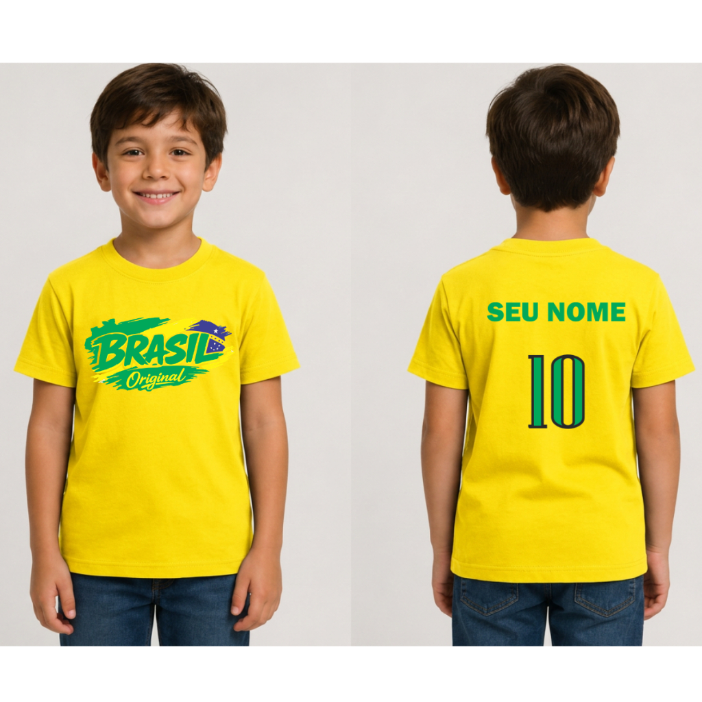 Camiseta Infantil Personalizada com o Nome atras  Seleção Brasileira Blusa Brasil Numero 10 Camisa Algodão.