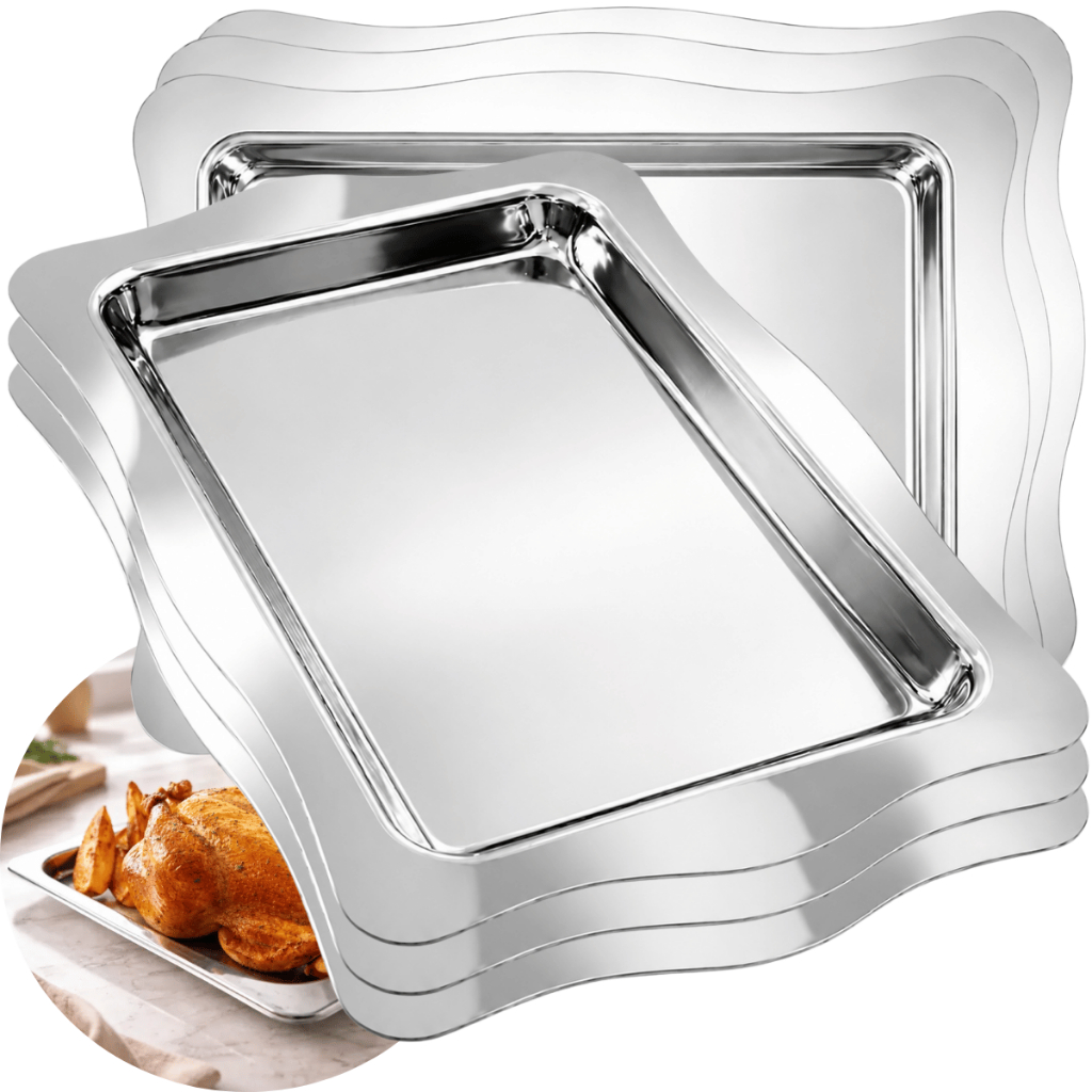 6 Assadeira Inox 47x31cm com Borda Decorada para Forno Servir Frango Assado Mesa Posta Buffet